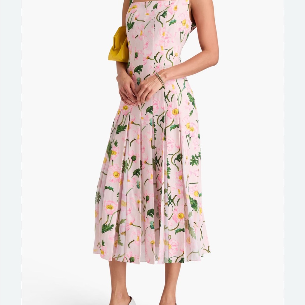 Oscar de la Renta Painted Poppies Square Neck Pleated Dress